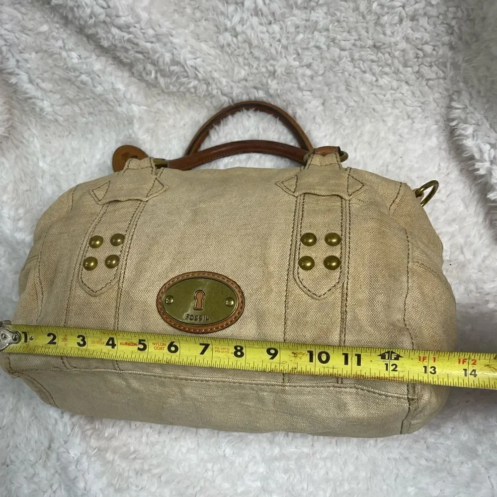 Fossil long live vintage khaki burlap Boston bag with leather tan straps .